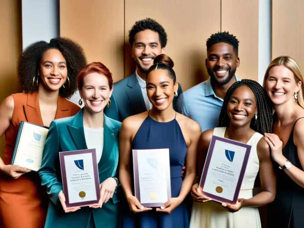 Grupo diverso de autores sonrientes con premios literarios, celebrando la importancia de la diversidad cultural en la literatura