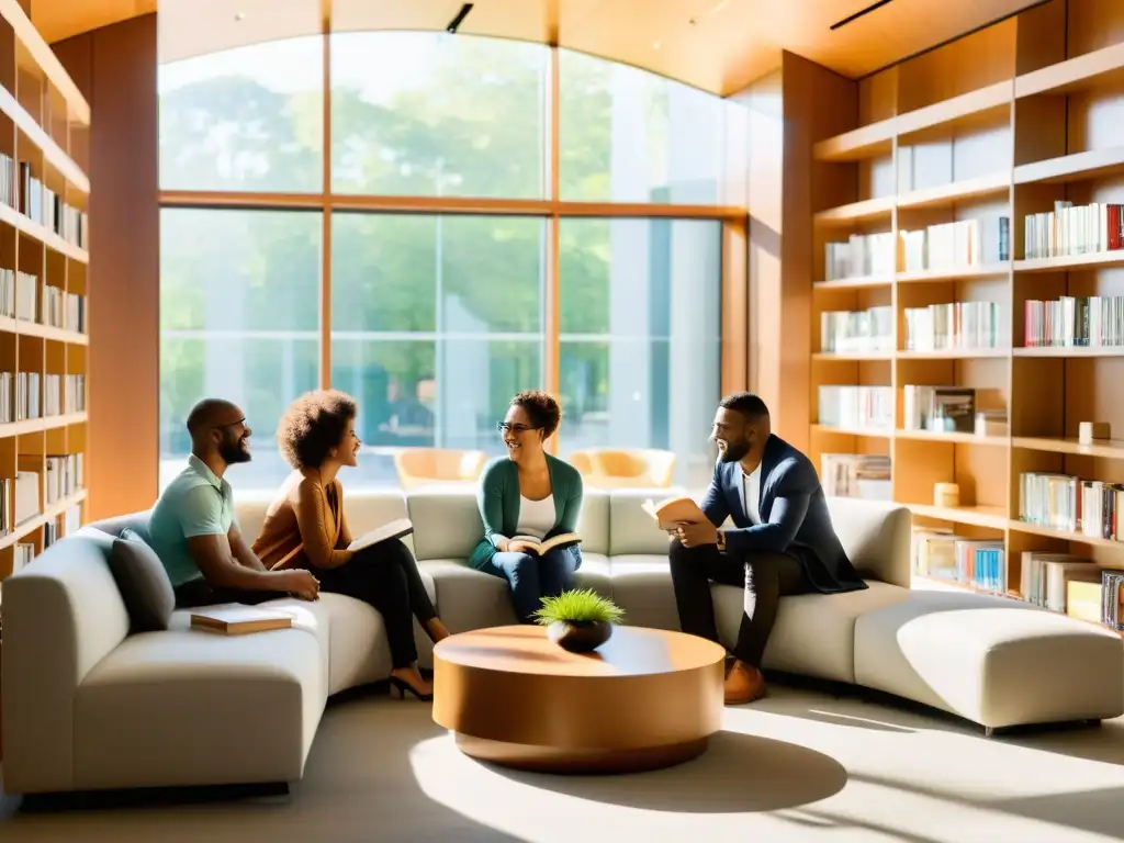 Un grupo diverso discute animadamente en una biblioteca moderna mientras la luz del sol ilumina la escena