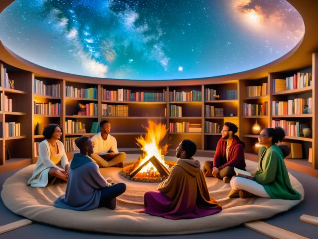 Consejo de sabios bajo las estrellas Grupo diverso en círculo escucha enseñanzas bajo estrellado cielo en Festival Celsius 232 Avilés