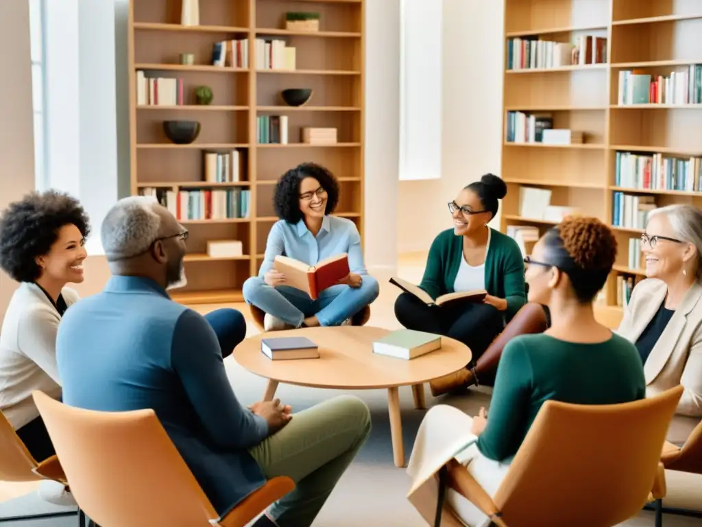 Grupo diverso en círculo, discutiendo y leyendo libros en ambiente cálido y acogedor, mostrando los beneficios de los clubes de lectura