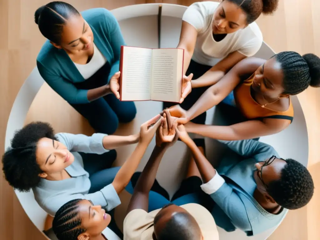 Grupo diverso en círculo discutiendo libros, expresando conexión y enfoque