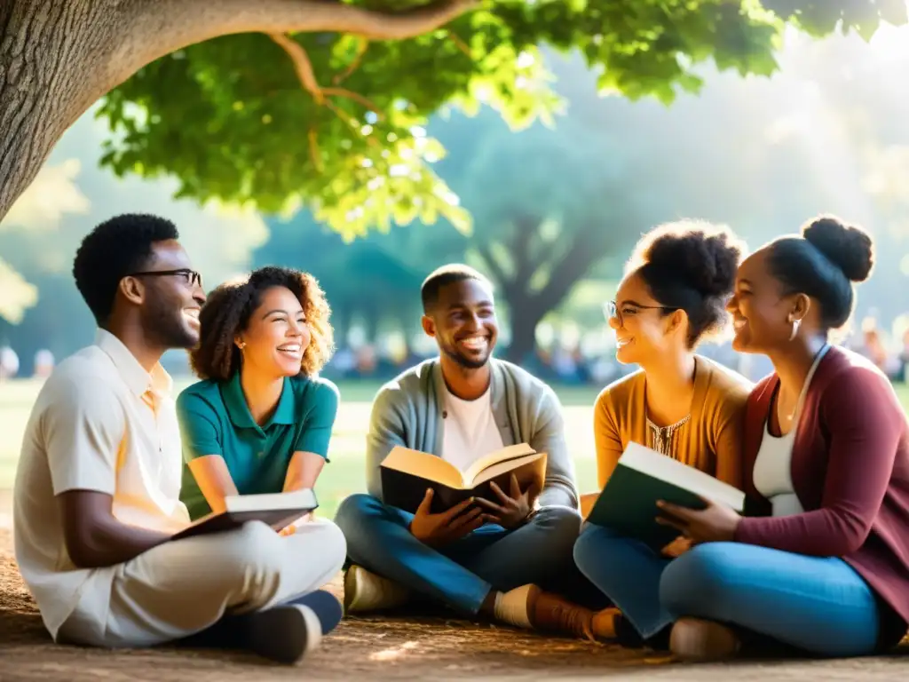 Grupo diverso en círculo, compartiendo libros y experiencias en Festival Literatura Berlín diversidad cultural