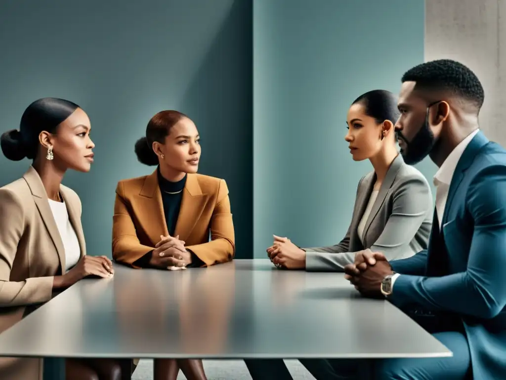 Conversación profunda en ambiente moderno: diversidad y determinación 'Grupo diverso tiene conversación animada en un entorno moderno