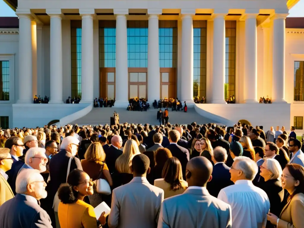 Grupo diverso debate Premios literarios controversiales frente a la biblioteca al atardecer