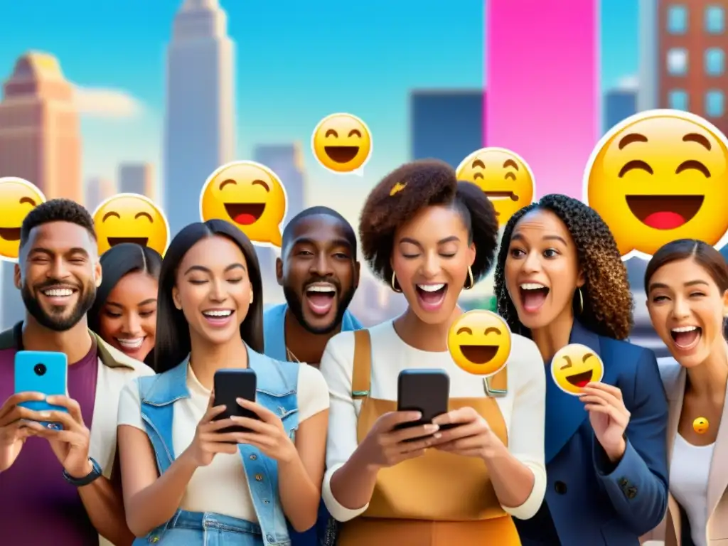 Grupo diverso usando emojis para comunicarse en la bulliciosa ciudad