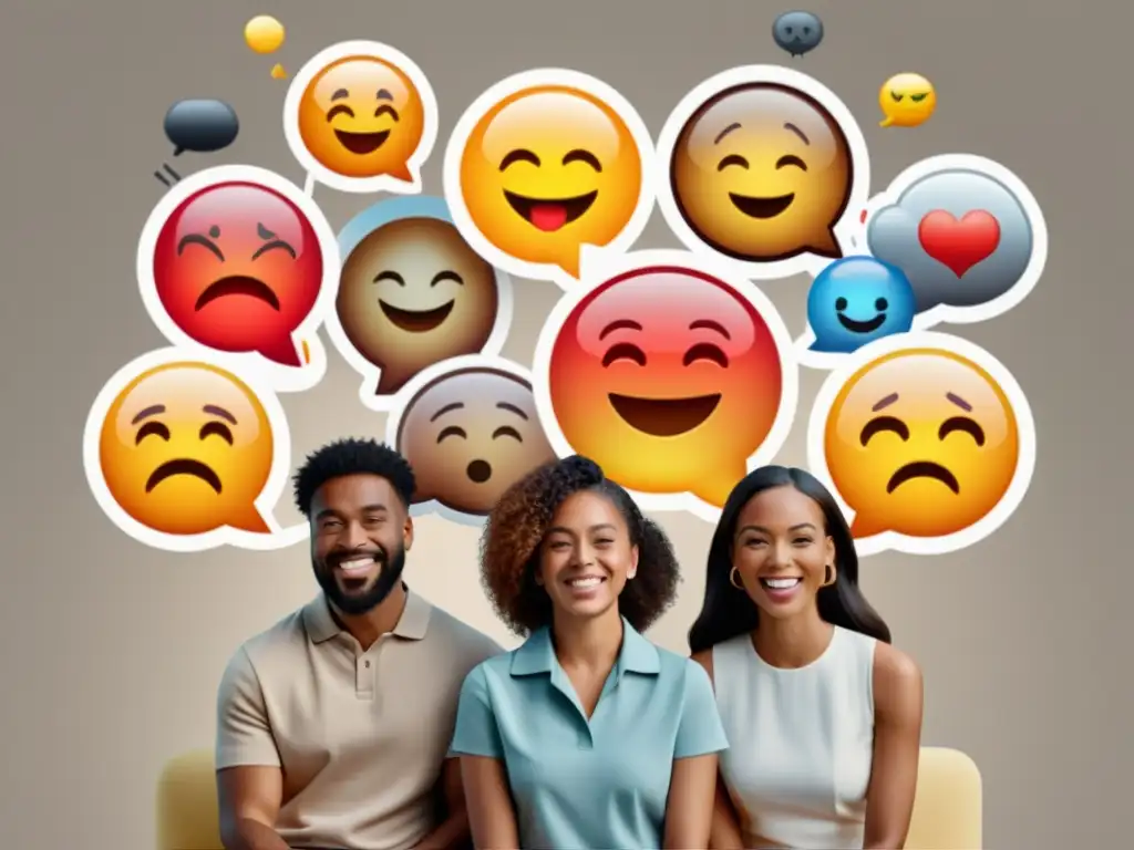 Grupo diverso comunica con emojis, rodeados de burbujas con emociones