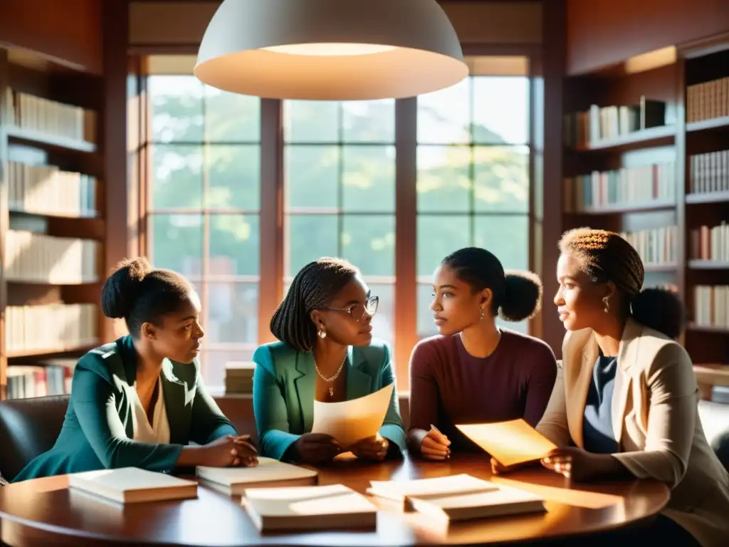 Grupo diverso de ensayistas feministas en profunda discusión rodeadas de libros, simbolizando su impacto en la crítica literaria