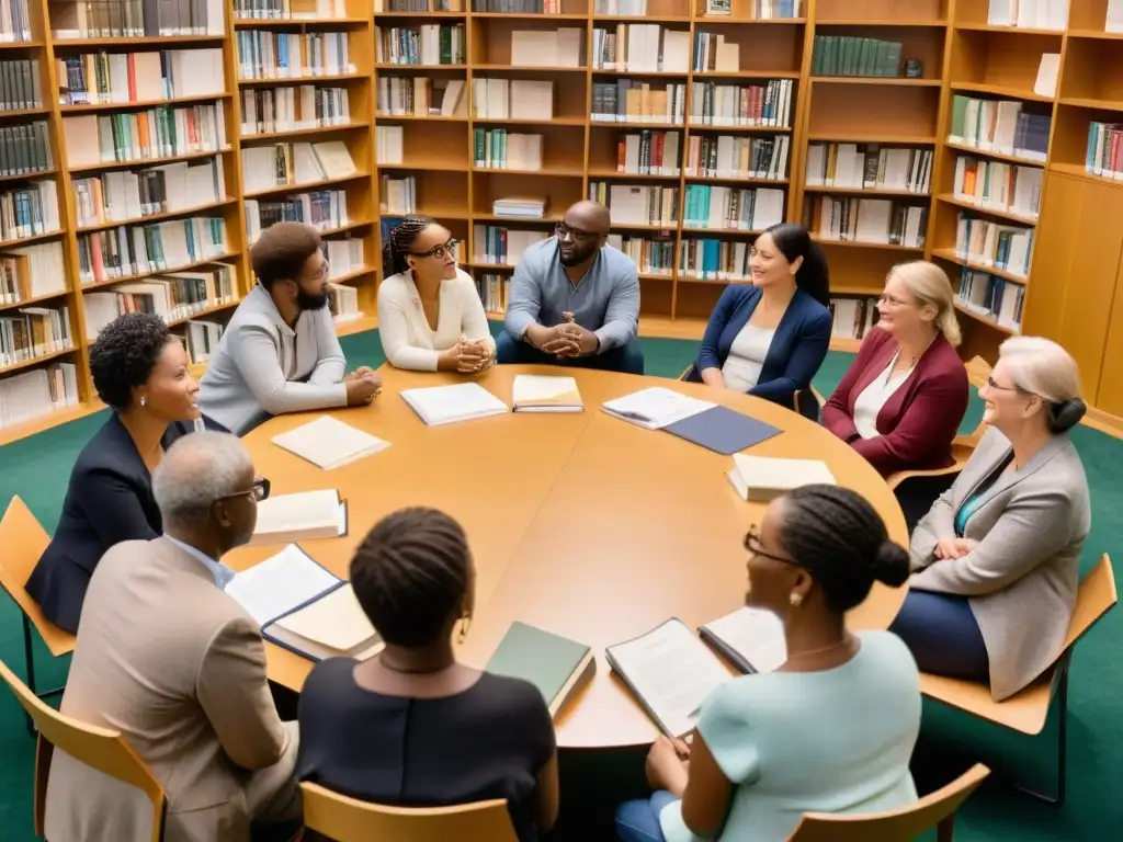 Grupo diverso promoviendo entendimiento intercultural a través de la literatura, en círculo de lectura con libros y materiales escritura