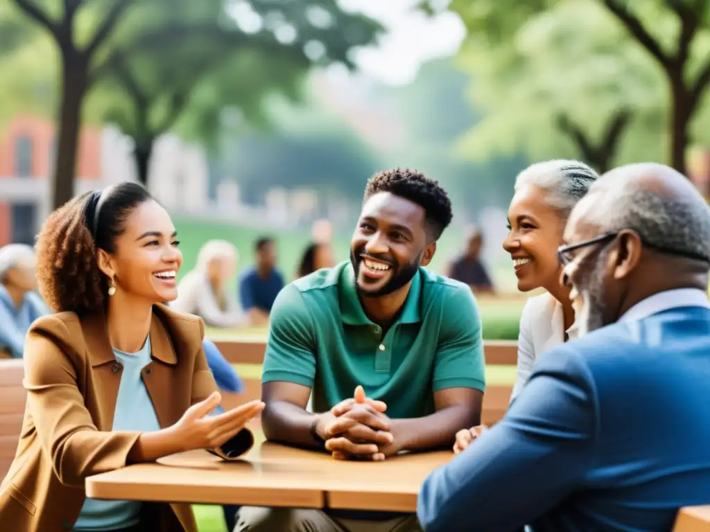 Grupo diverso conversando en un entorno natural, mostrando la valoración de modos de hablar y la variación lingüística