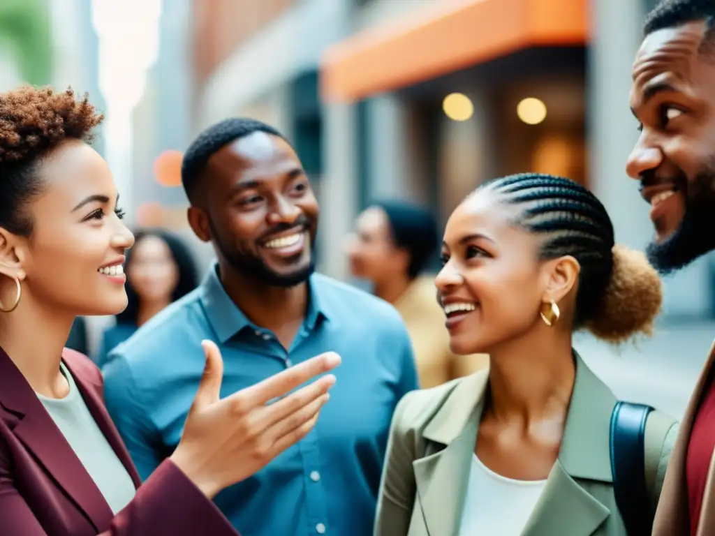 Grupo diverso conversando en entorno urbano, reflejando valoración modos hablar variación lingüística