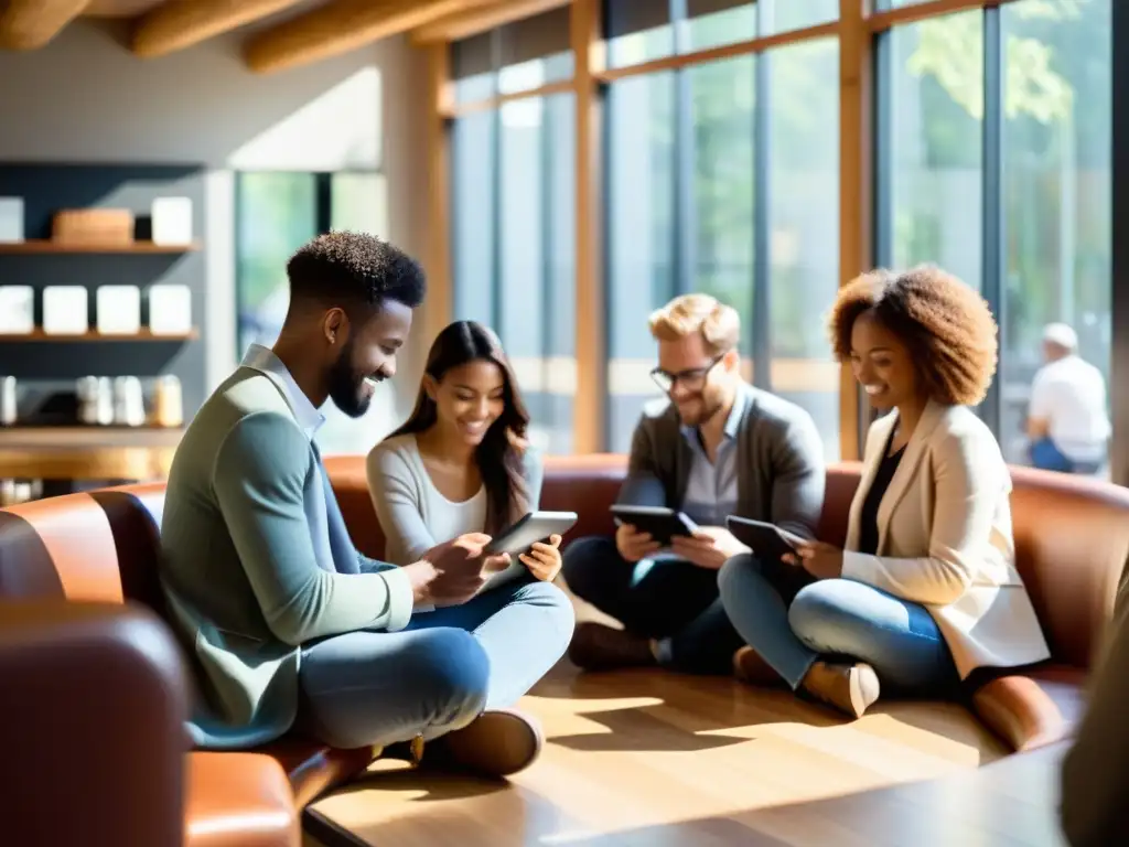 Un grupo diverso disfruta de sus ereaders en un café acogedor