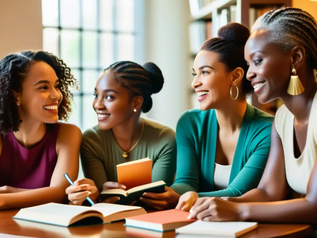 Un grupo diverso de escritoras se reúne alrededor de una mesa redonda, sosteniendo libros de diferentes géneros