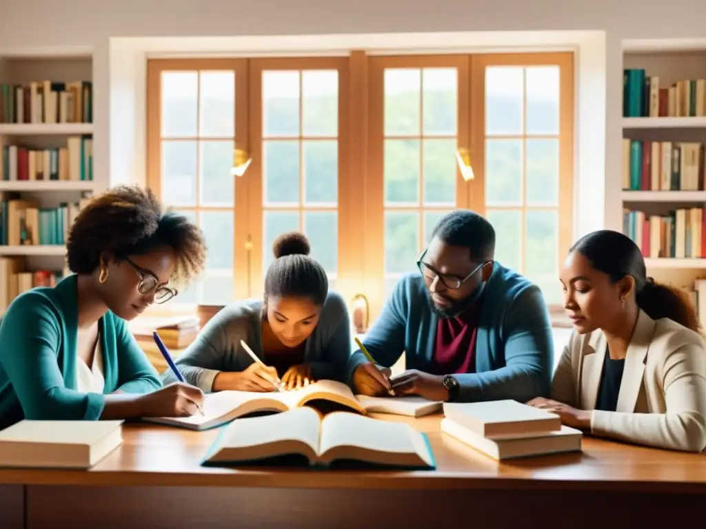 Un grupo diverso de escritores inmersos en su proceso creativo, rodeados de libros en diferentes idiomas y herramientas de escritura