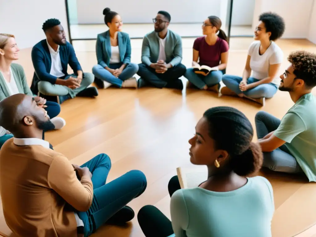 Un grupo diverso se reúne en un espacio moderno, discutiendo con pasión