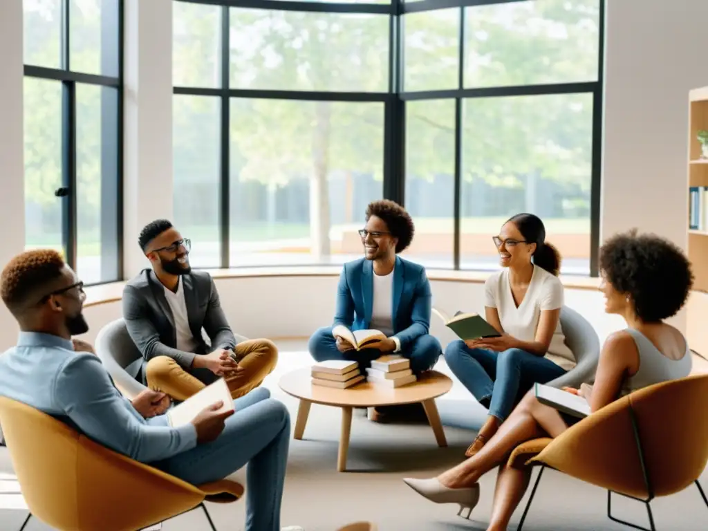 Grupo diverso discutiendo estrategias de gestión comunitaria en un espacio moderno