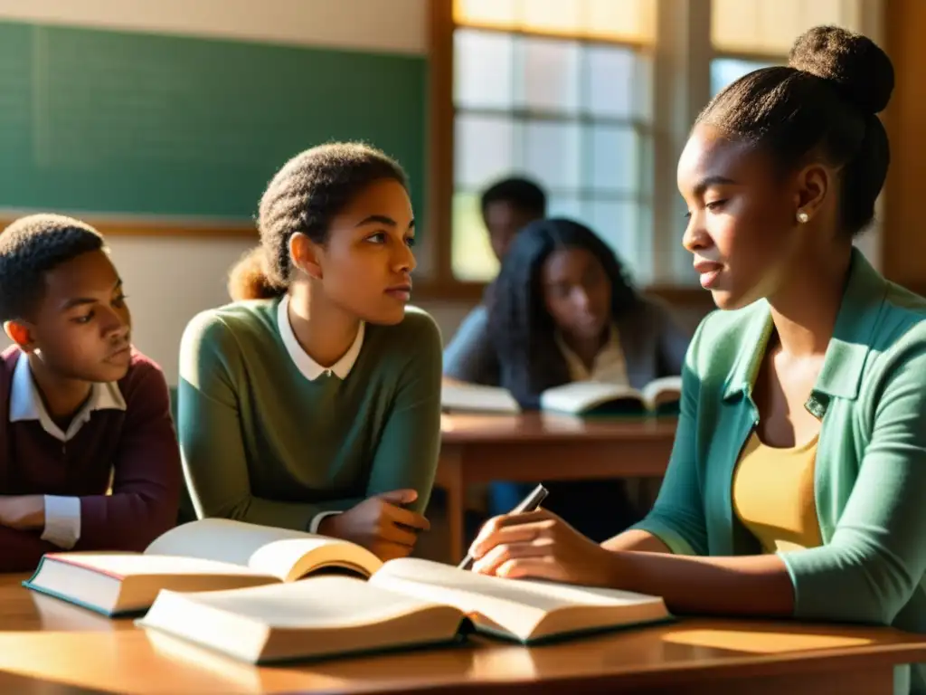 Grupo diverso de estudiantes participa en animada discusión literaria en aula soleada