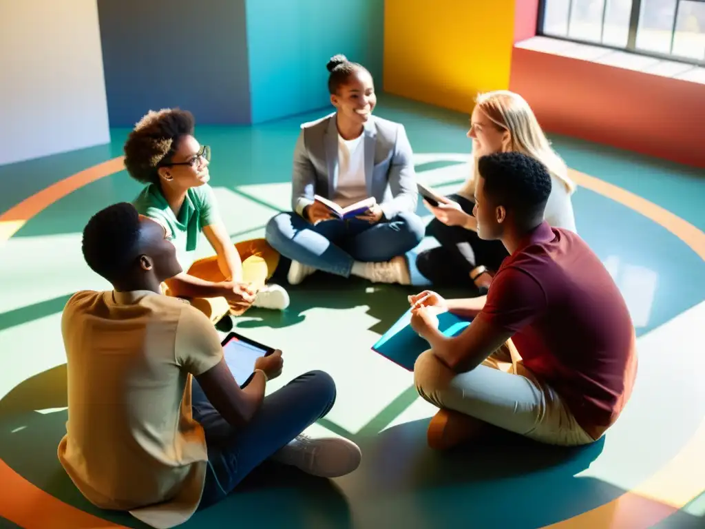 Un grupo diverso de estudiantes participa en una animada discusión en un aula iluminada por la luz del sol, rodeados de materiales educativos