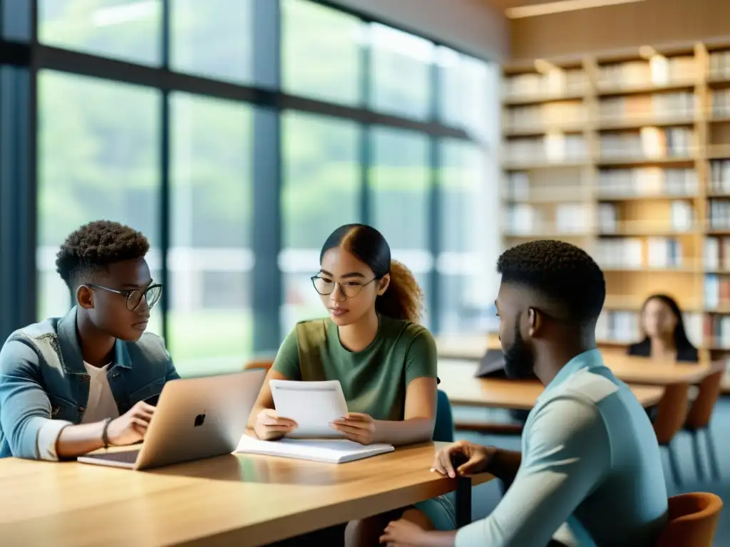 Un grupo diverso de estudiantes colabora en anotaciones literarias usando plataformas colaborativas en una biblioteca luminosa