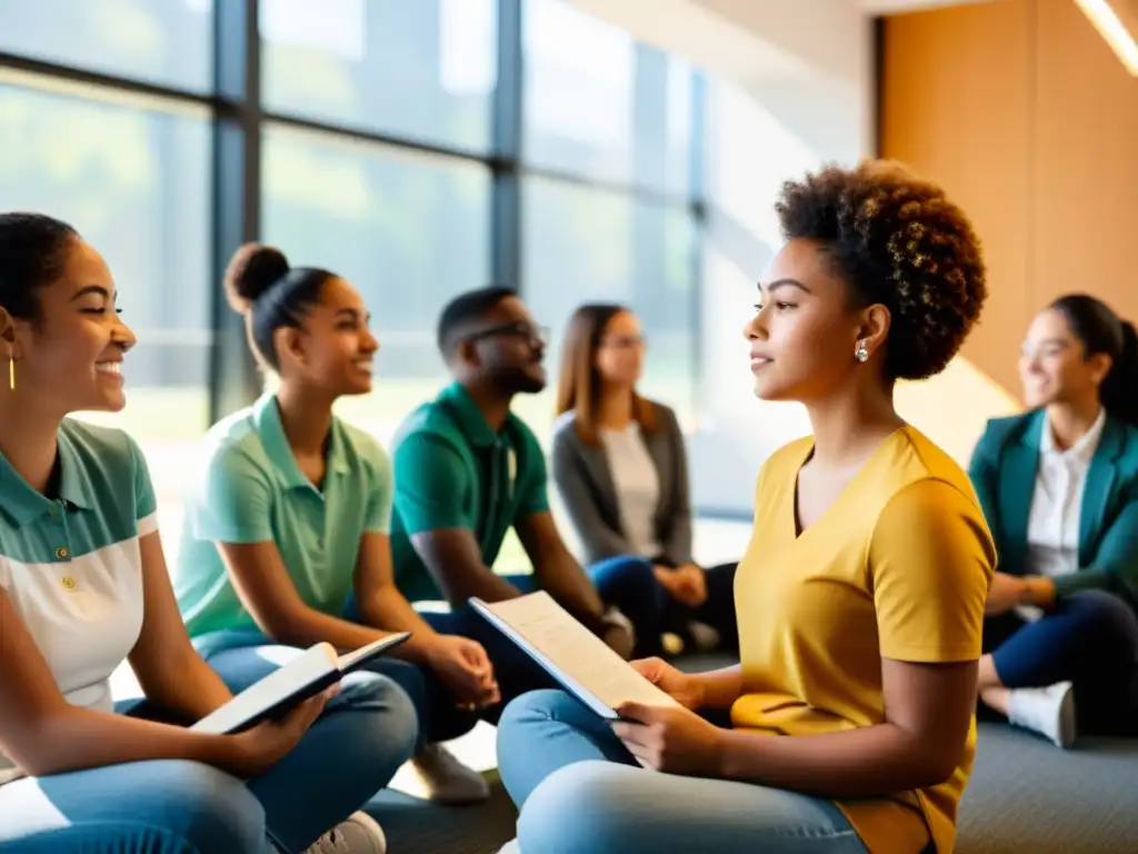 Grupo diverso de estudiantes concentrados en sus ebooks en un aula moderna y luminosa