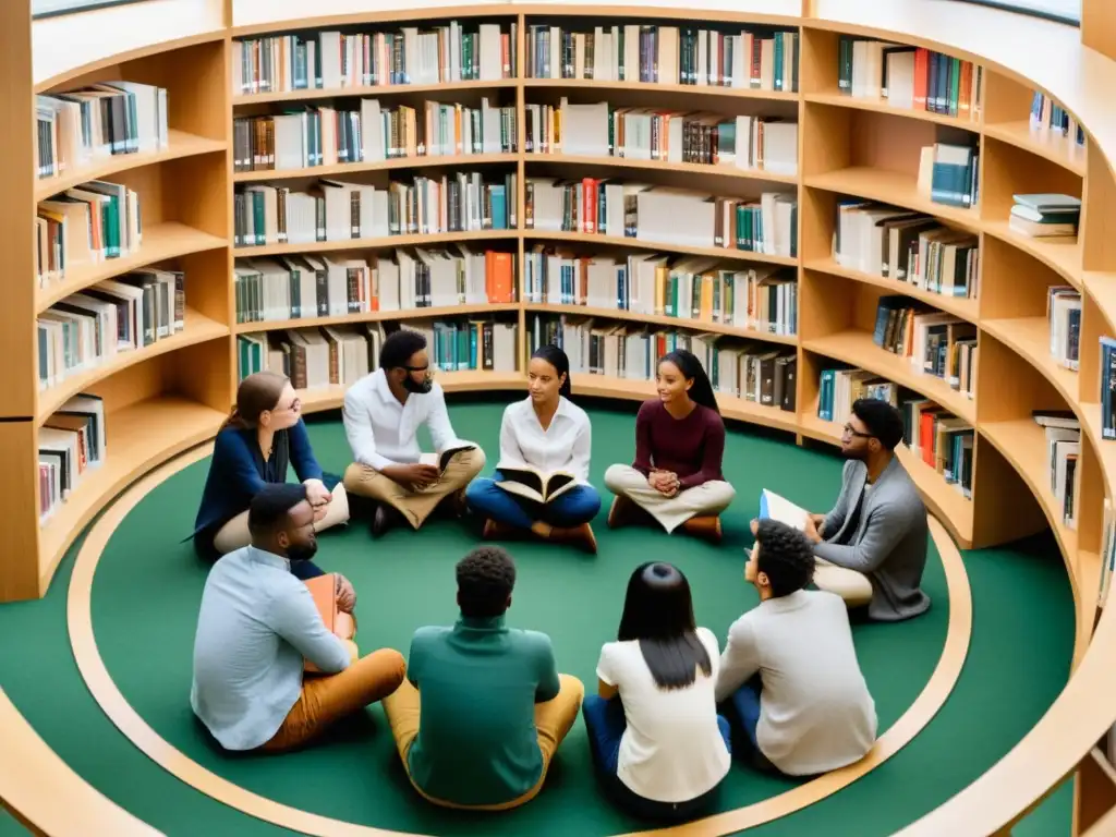 Grupo diverso de estudiantes discuten literatura postcolonial, reflejando inclusividad y apertura en la educación literaria prisma postcolonial