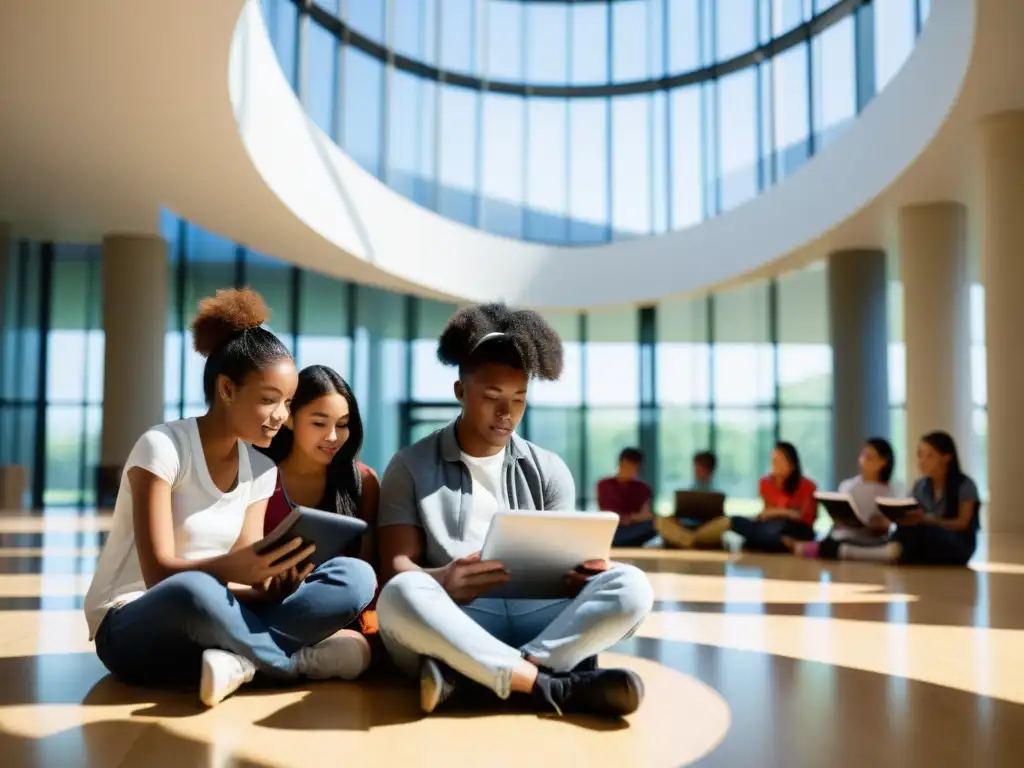 Grupo diverso de estudiantes leyendo ebooks en tablets, rodeados de arquitectura moderna y luz natural