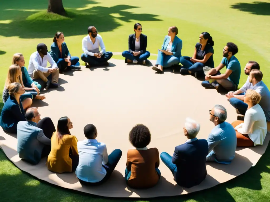 Grupo diverso en Festival Literatura Berlín, intercambiando ideas bajo el sol entre árboles