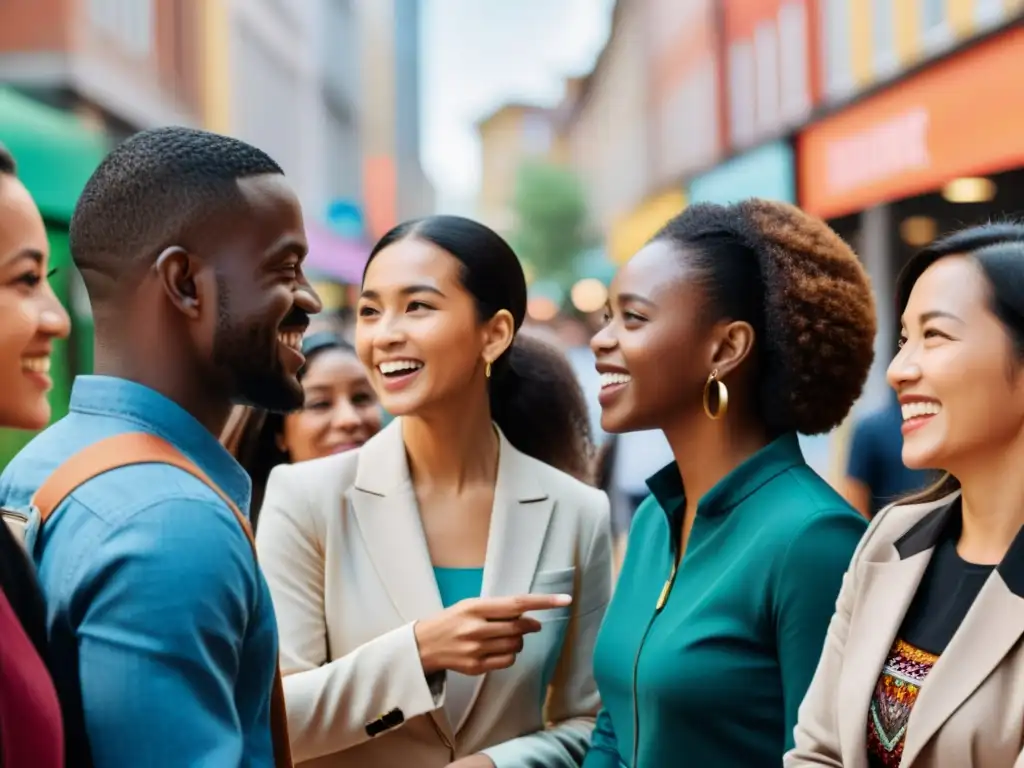 Grupo diverso conversa en su idioma nativo, reflejando la influencia del lenguaje de minorías en la comunicación multilingüe urbana