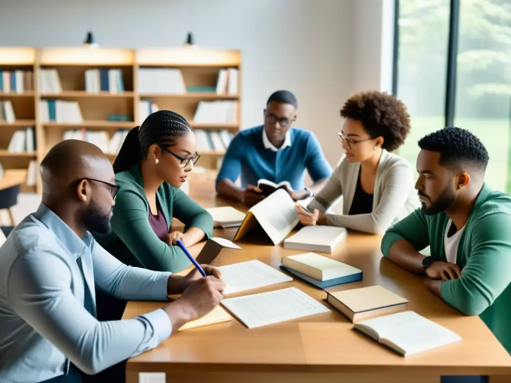 Grupo diverso inmerso en la lectura y anotaciones de textos literarios en plataformas colaborativas, en un entorno moderno y profesional