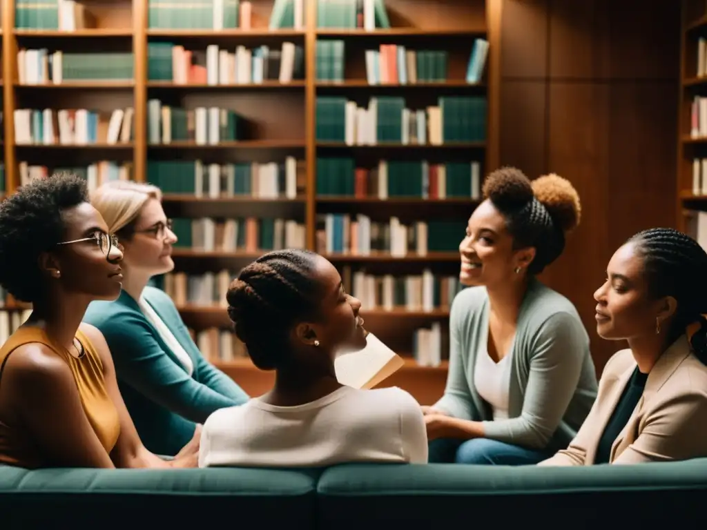 Grupo diverso en intensas discusiones literarias en acogedora biblioteca, envueltos en ambiente intelectual