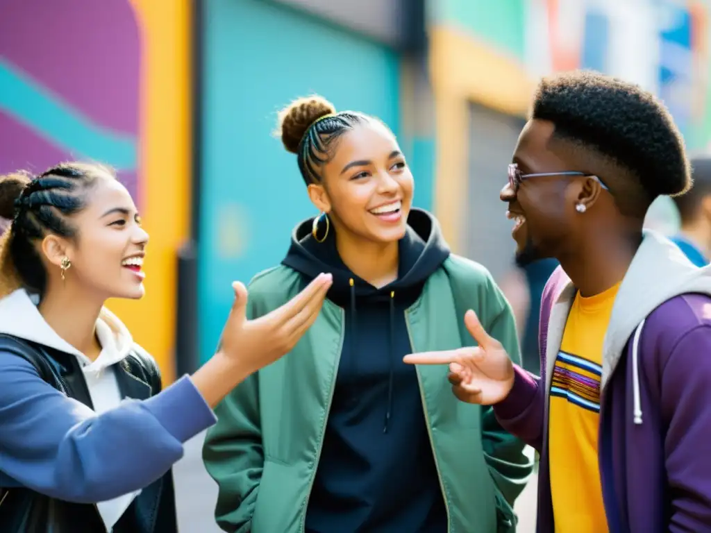 Grupo diverso de jóvenes conversando animadamente, expresando su identidad con gestos y jergas juveniles