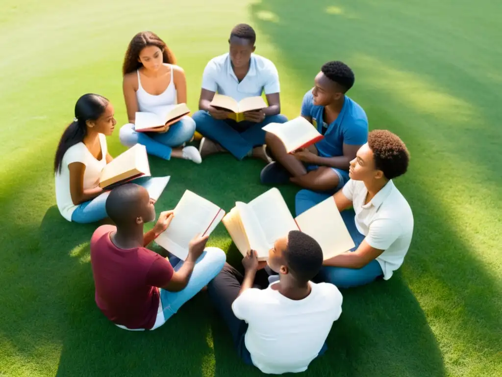 Un grupo diverso de jóvenes sentados en círculo en el césped, concentrados en la lectura de diferentes libros bajo la cálida luz del sol