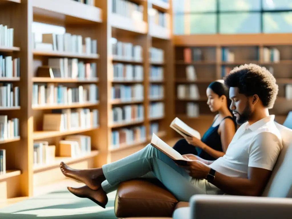 Un grupo diverso disfruta de la lectura en una biblioteca moderna, con libros físicos y digitales