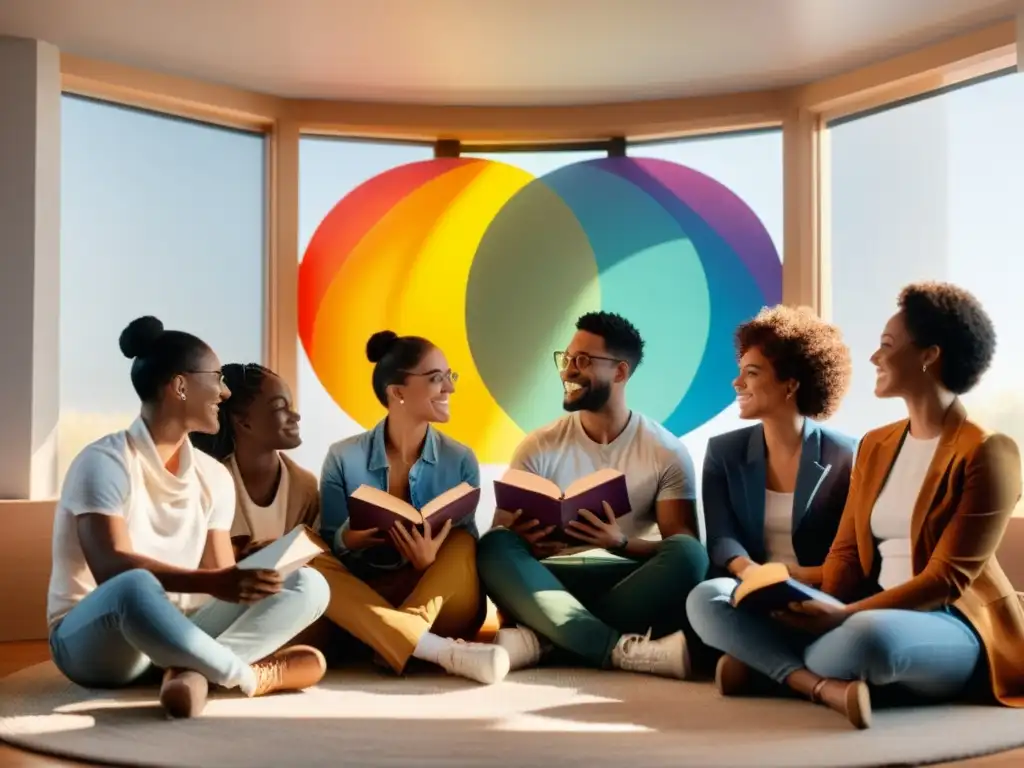 Un grupo diverso sostiene libros LGBTQ+ en animada conversación, iluminados por luz natural