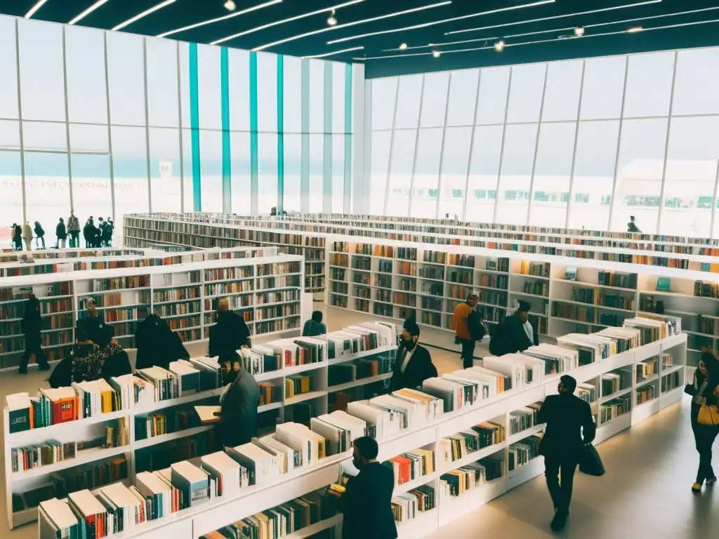 Grupo diverso explora libros en la Feria Internacional del Libro Trípoli, creando un ambiente cultural animado