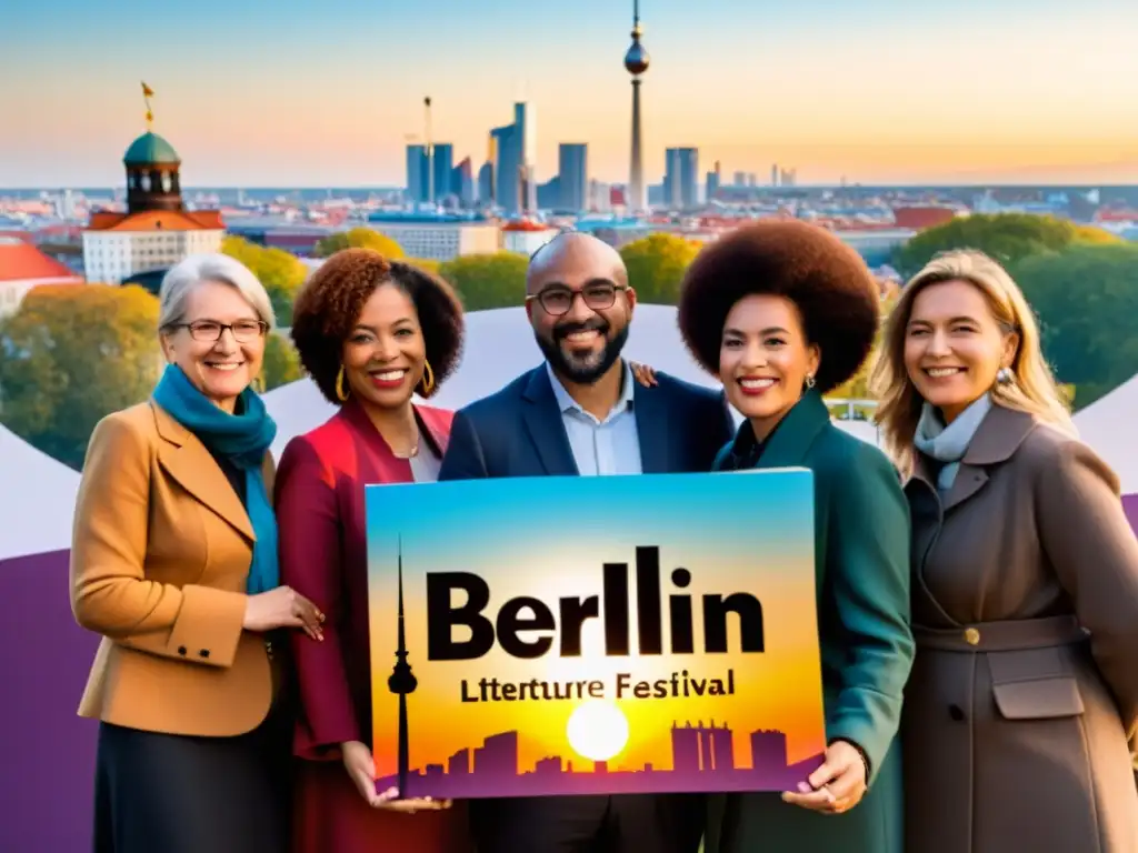 Un grupo diverso celebra la literatura en el Festival Literatura Berlín con una puesta de sol cálida y la ciudad al fondo