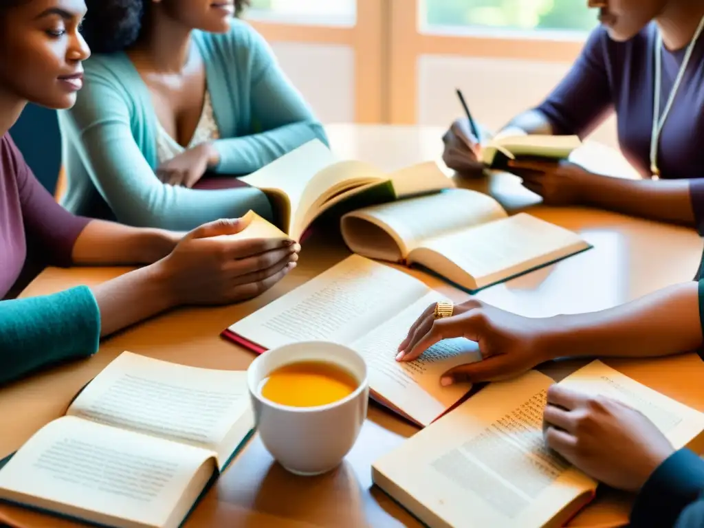 Grupo diverso discutiendo apasionadamente literatura, desmontando normativas de género