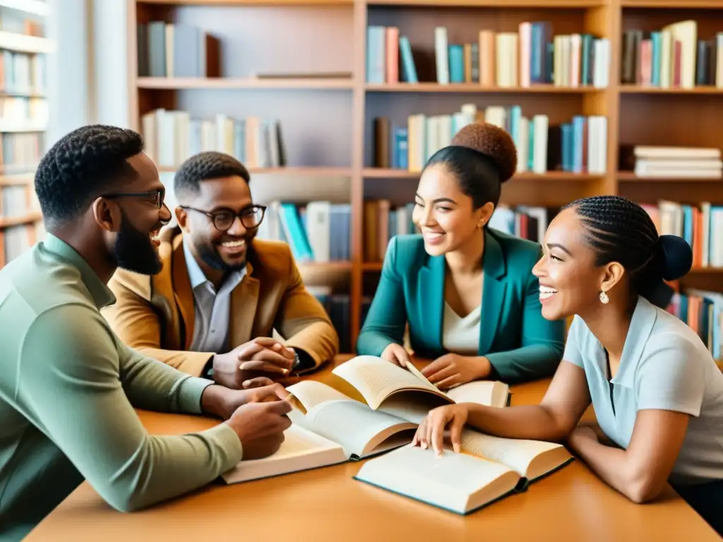 Grupo diverso comparte pasión por la literatura postcolonial en acogedora biblioteca iluminada, desmantelando estereotipos