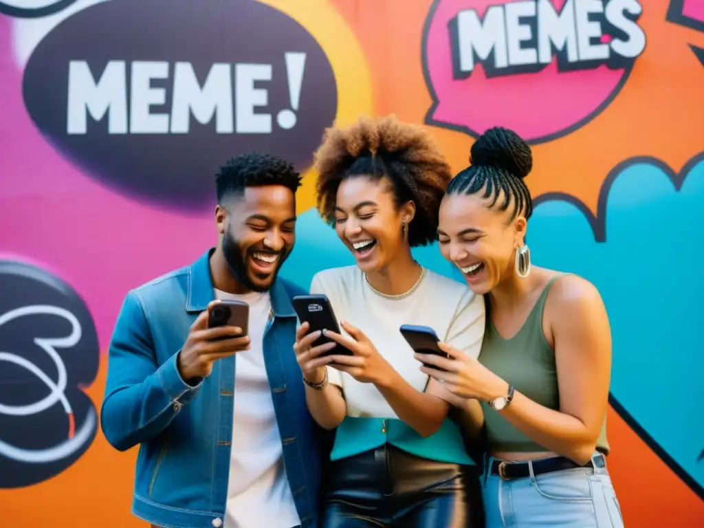 Un grupo diverso comparte memes y risas en un entorno moderno y vibrante, con graffiti colorido y pantallas digitales que muestran memes en diferentes idiomas