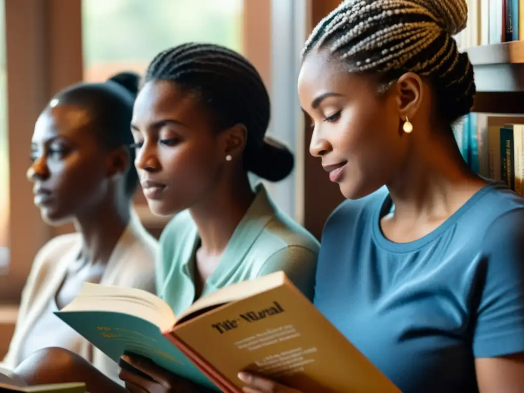 Grupo diverso de mujeres disfrutando de la lectura y discutiendo literatura en un ambiente acogedor, expresando crítica feminista en la literatura