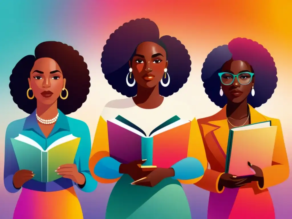 Grupo diverso de mujeres sosteniendo libros y conversando, representando la fuerza y unidad de la literatura afrofeminista voces narrativas