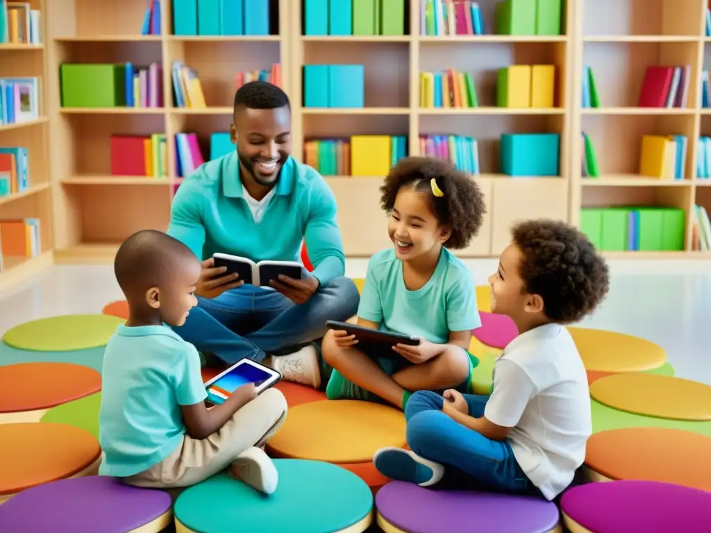 Grupo diverso de niños usando apps de lectura para niños en una aula moderna con libros coloridos