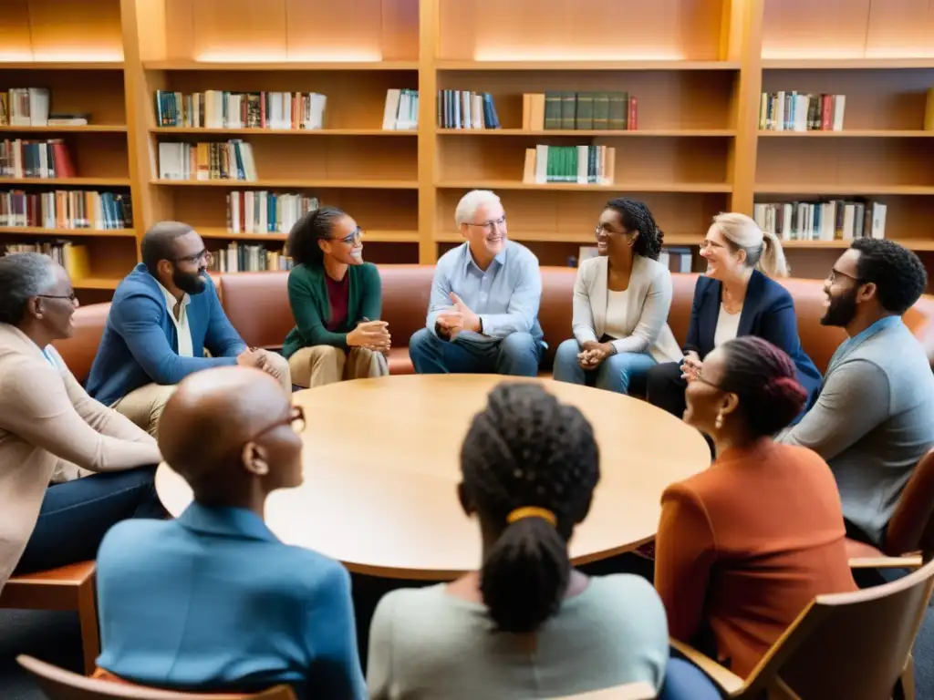 Grupo diverso conversando con pasión en acogedora biblioteca, resaltando el impacto de eufemismos en lenguaje