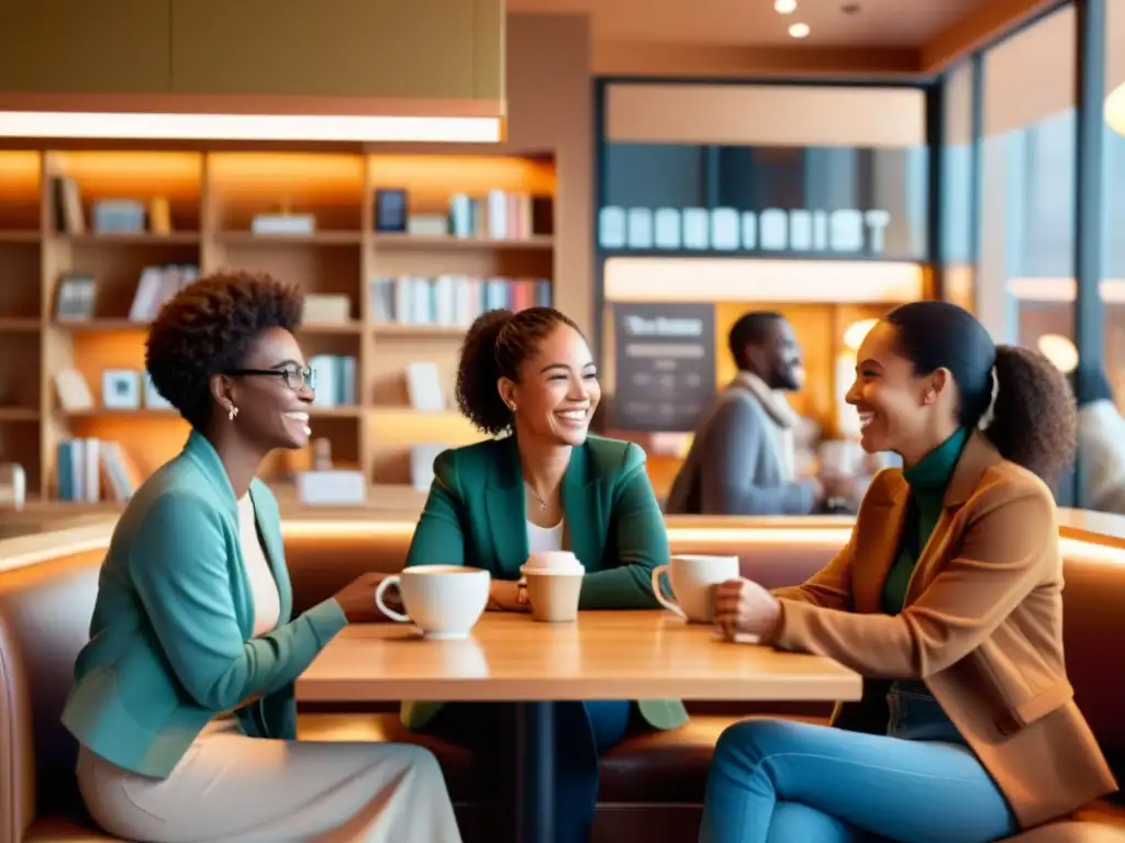 Un grupo diverso de personas conversa animadamente en una acogedora cafetería, transmitiendo autenticidad y profundidad en sus gestos y emociones