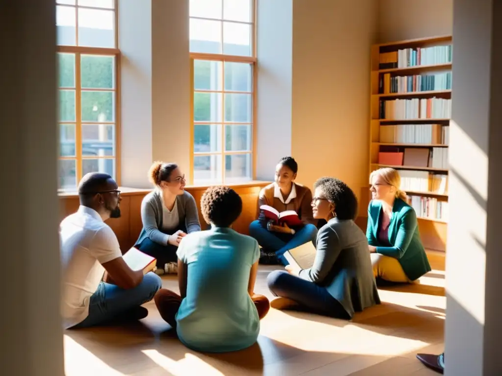 Un grupo diverso de personas en círculo, compartiendo en el Festival Internacional Literatura Dublín, con libros y luz solar