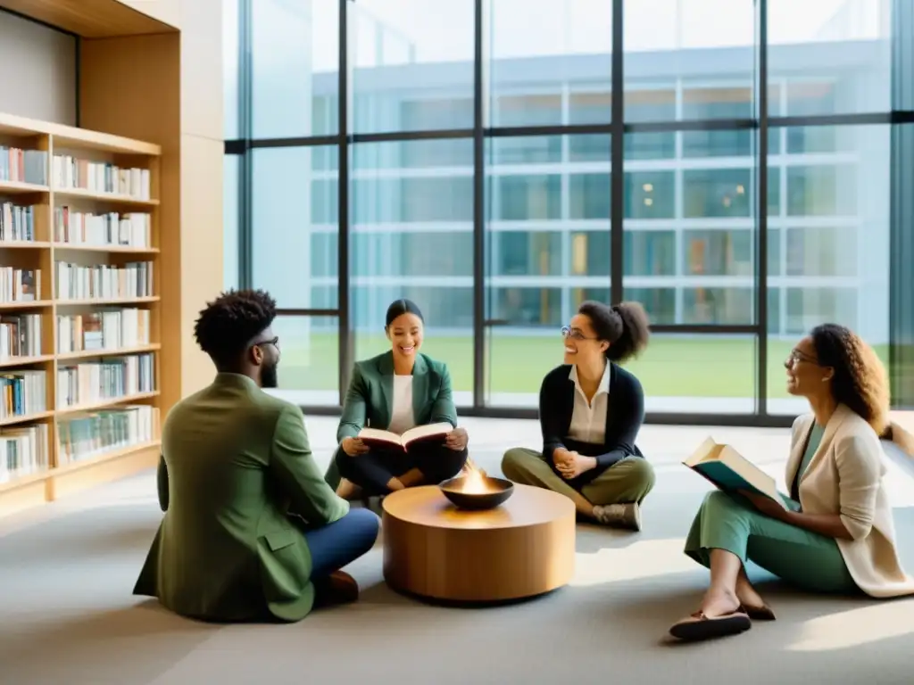 Un grupo diverso de personas de diferentes culturas y etnias se reúne en círculo en una biblioteca moderna, sosteniendo libros y compartiendo ideas