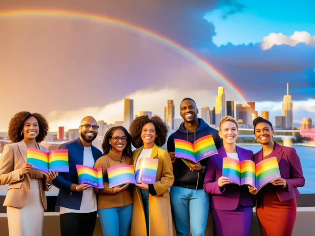 Grupo diverso de personas LGBTQ+ sostienen libros inclusivos bajo cálida luz dorada, en una ciudad con banderas arcoíris