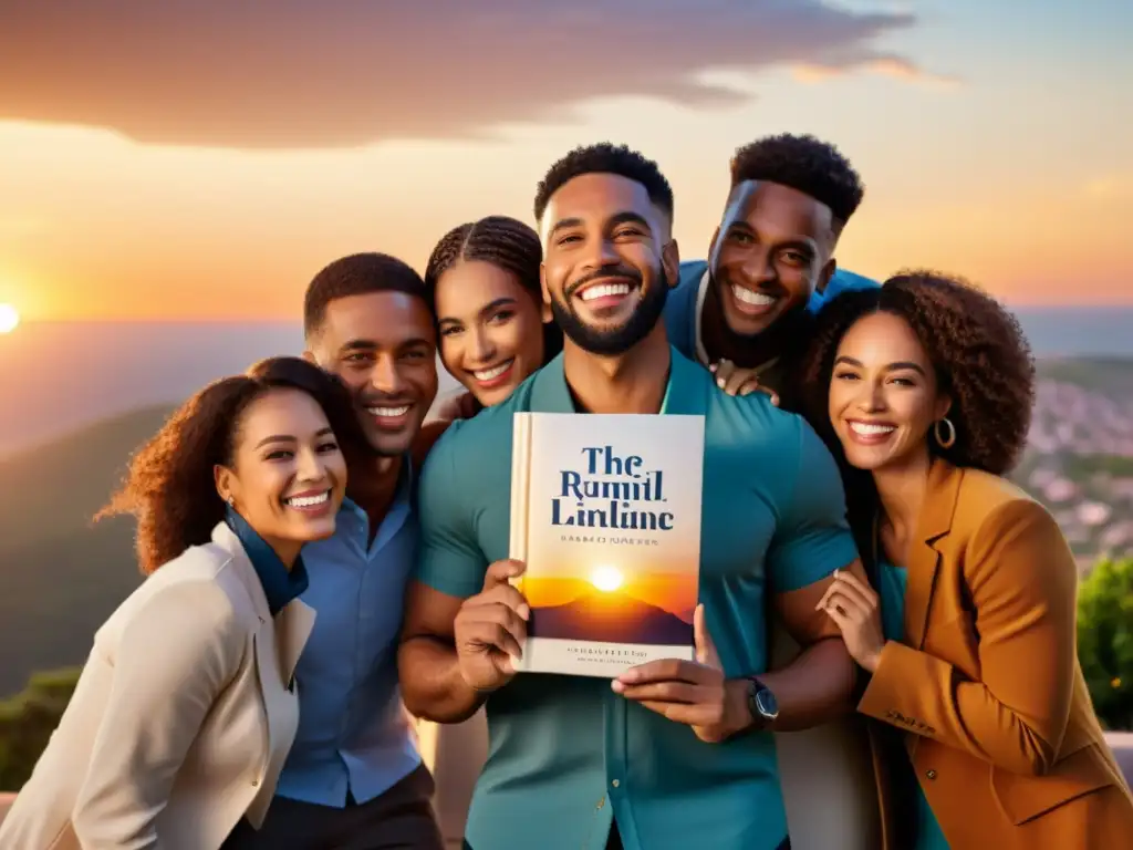 Un grupo diverso de personas sonríe y sostiene un libro recién publicado, con un atardecer radiante de fondo, reflejando alegría y logro