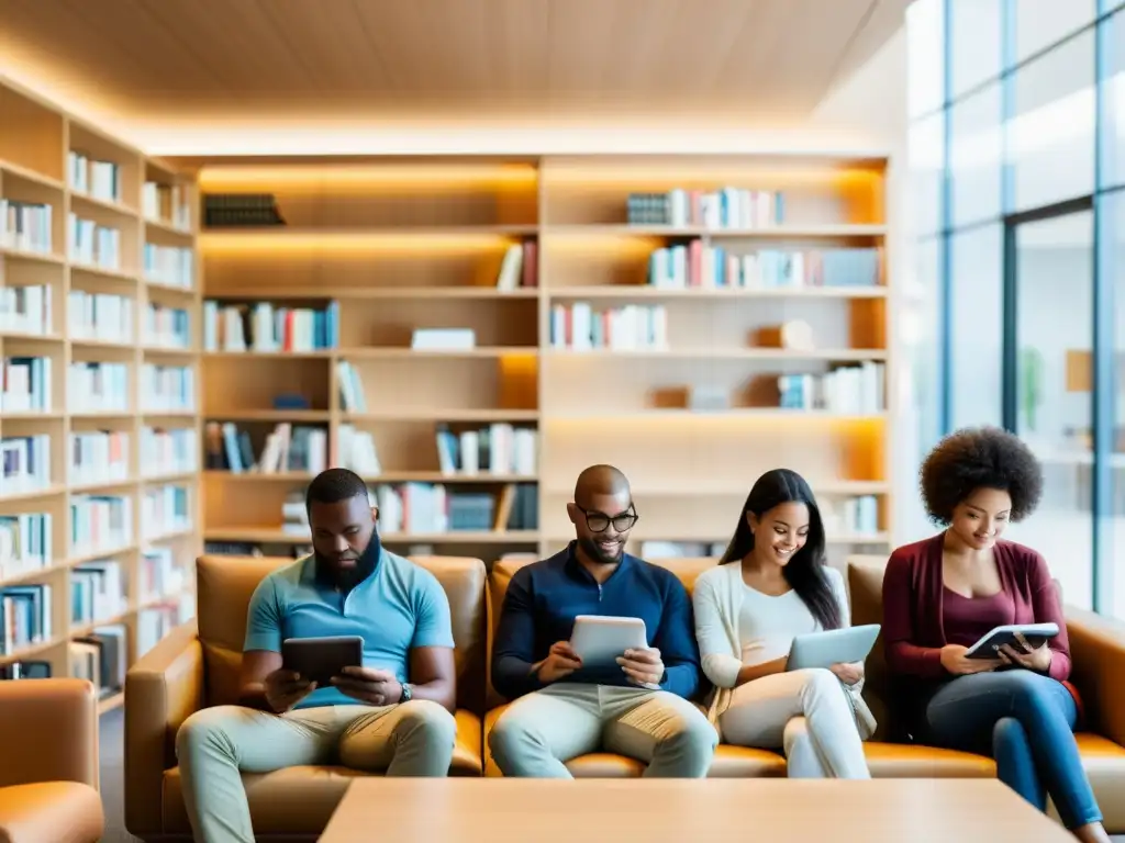 Un grupo diverso de personas lee libros electrónicos en una biblioteca moderna