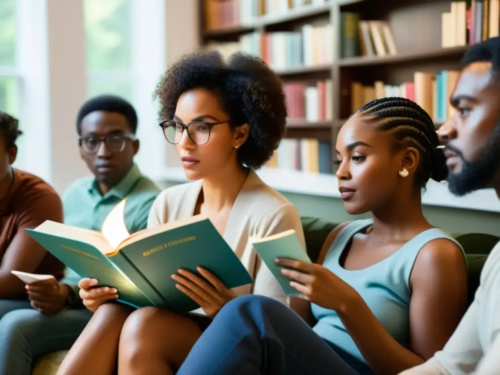 Un grupo diverso de personas discute y lee literatura, transmitiendo un sentido de empoderamiento e intercambio de ideas