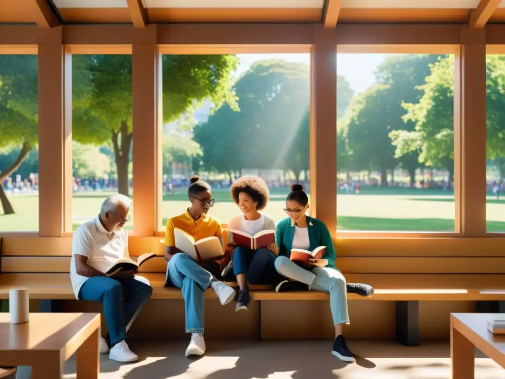 Un grupo diverso de personas lee en diferentes lugares, como una cafetería acogedora, un banco soleado en el parque y una tranquila biblioteca